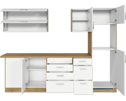 Kuchyňská linka se zásuvkami, skříňkami a policemi pro ukládání kuchyňského nádobí