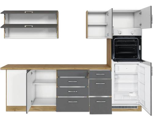Kuchyňská linka se skříňkami, zásuvkami, troubou a lednicí