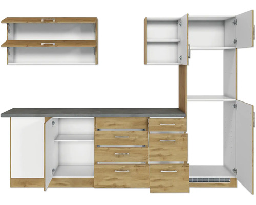 Kuchyňská linka se skříňkami, zásuvkami a pracovní deskou