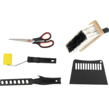 Sada tapetářského nářadí s nůžkami, štětkou, válečkem na barvu a špachtlí