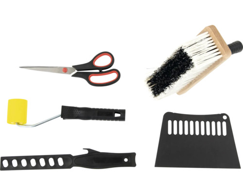 Sada tapetářského nářadí s nůžkami, štětkou, válečkem na barvu a špachtlí
