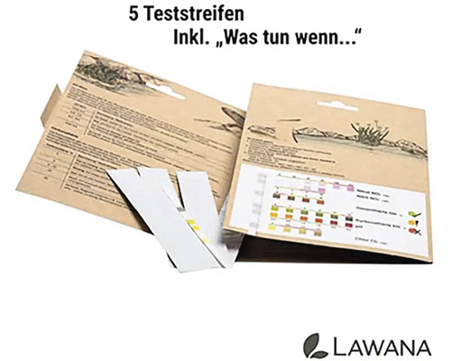 Pět testovacích proužků pro analýzu vody včetně návodu od společnosti Lawana