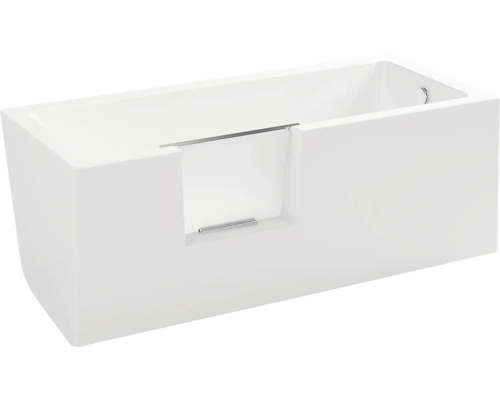 Obdélníková vana s vanovými dveřmi a pomůckou pro vstup.