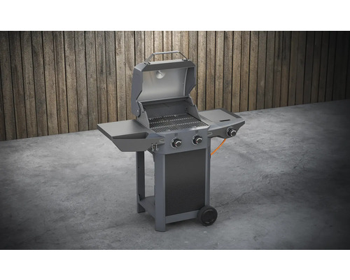 Plynový gril se dvěma hořáky, úložnými plochami a otevřeným víkem