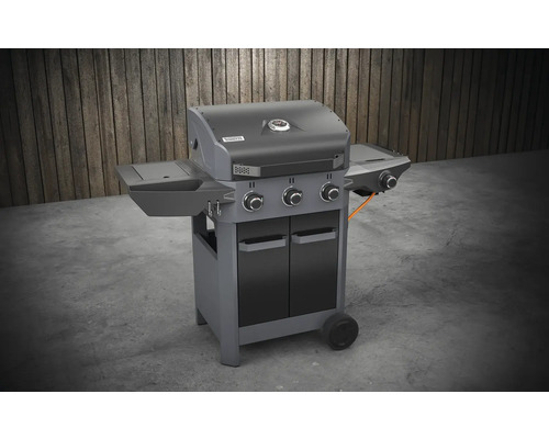 Plynový gril se třemi hořáky, bočními stolky a skříňkou