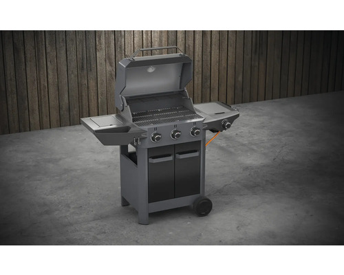 Plynový gril se třemi hořáky, odkládacími plochami a spodní skříňkou