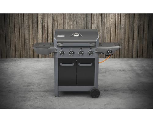 Plynový gril se čtyřmi hořáky, bočními stolky a spodní skříňkou