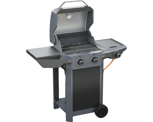 Plynový gril s otevřeným víkem, grilovacími rošty a bočními policemi