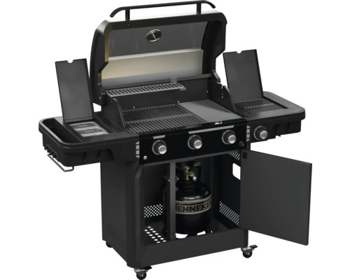 Plynový gril s bočními hořáky, grilovacími rošty a úložným prostorem pro plynovou láhev