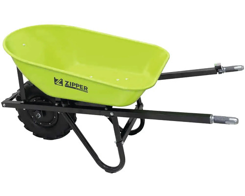 Zelené kolečko s jedním kolem pro přepravu materiálu na zahradě nebo na staveništi.