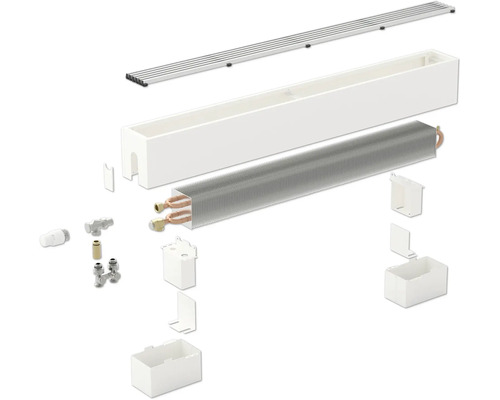 Rozkreslený pohled na radiátor s krytem, skříní a trubkami