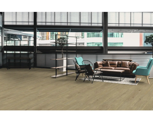 Světlý pokoj s dřevěnou podlahou, pohovkou, křeslem a regály.