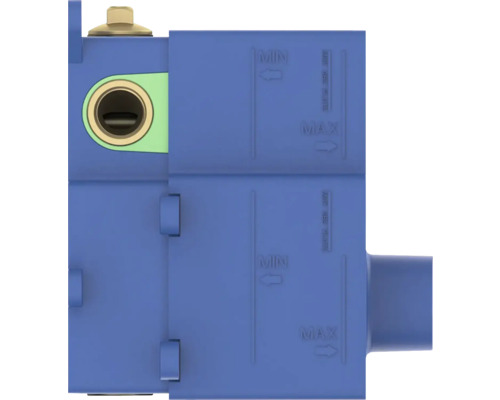 Detailní pohled na modrou splachovací armaturu s minimálním a maximálním označením