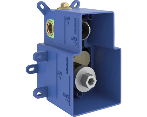 Modré podomítkové těleso pro sanitární instalace.