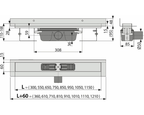 Technický výkres sprchového žlabu s rozměry
