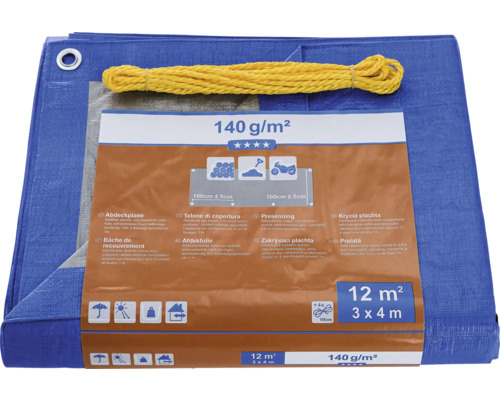 Modrá krycí plachta se žlutým lanem a informacemi o produktu