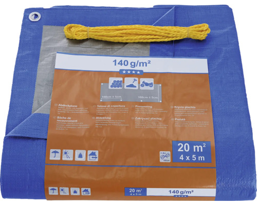 Modrá plachta s žlutým lanem a informacemi o produktu