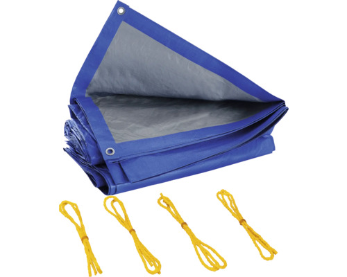 Modrá tkaná plachta s oky a žlutými napínacími lany