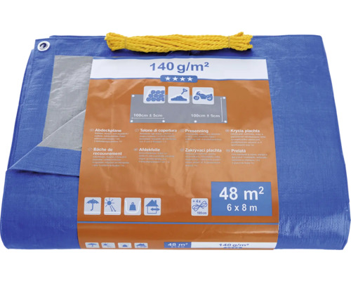 Modrá plachta o gramáži 140 gramů na metr čtvereční a žluté lano