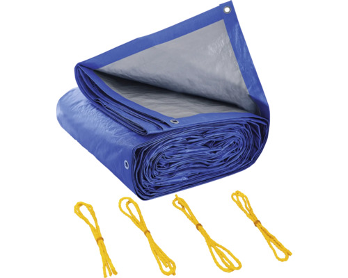 Modrá krycí plachta s oky a žlutými napínacími lany
