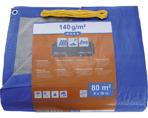 Modrá krycí plachta o rozměrech 8 x 10 metrů a hmotnosti 140 gramů na metr čtvereční.
