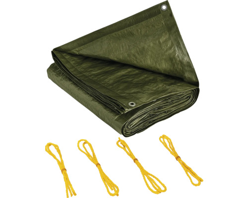 Zelená krycí plachta s oky a žlutými upevňovacími lany