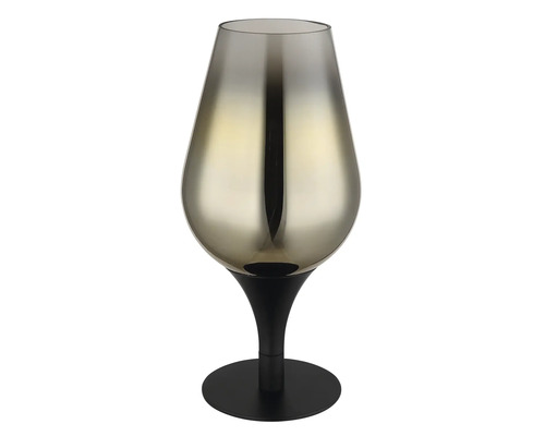 Dekorativní stolní lampa s kouřovým sklem a černou základnou.