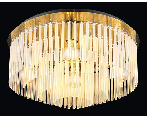 Stropní svítidlo se skleněnými kyvadly a několika žárovkami