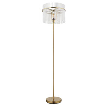 Stojací lampa se stínidlem z průhledných tyčí a zlatým rámem