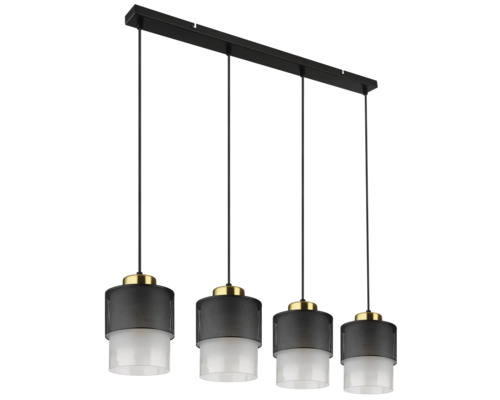 Čtyřplamenná závěsná lampa s kovovými stínidly a skleněnými stínidly