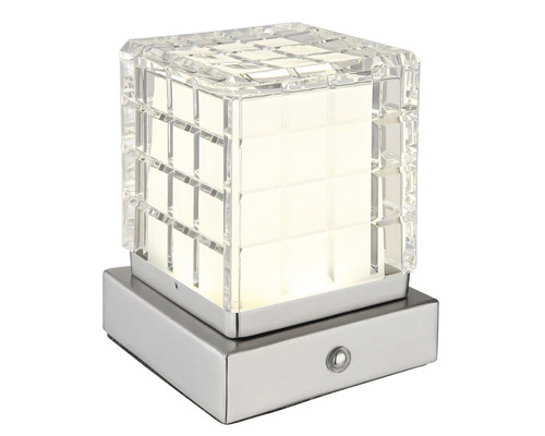 Stolní lampa krychlového tvaru z křišťálového skla a kovu