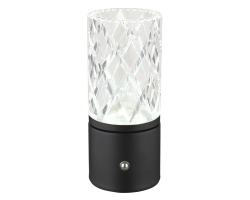 Dekorativní stolní lampa s čirým, broušeným skleněným válcem a černou základnou.