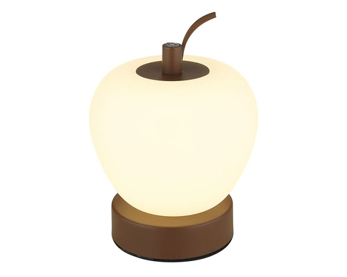 Stolní lampa ve tvaru jablka s hnědou základnou a stonkem