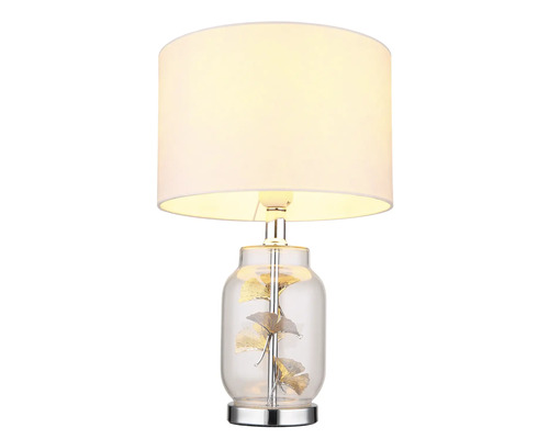 Stolní lampa s látkovým stínidlem a skleněnou základnou s listy ginkgo