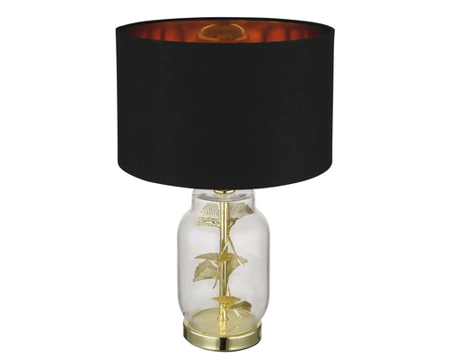 Stolní lampa s černým stínidlem, zlatými detaily a průhlednou základnou