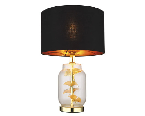 Stolní lampa s černým stínidlem a čirou skleněnou základnou se zlatými listy ginkga