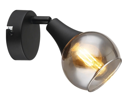 Černá nástěnná lampa s průhledným stínidlem a zapnutou žárovkou