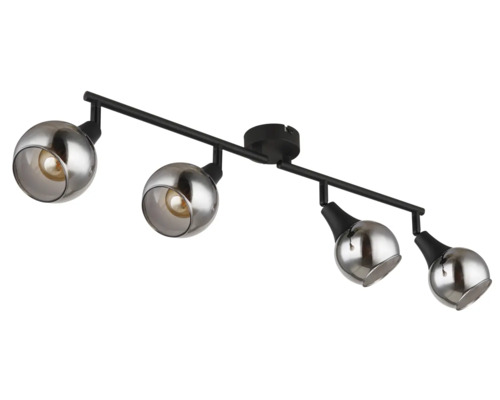 Černé stropní svítidlo se čtyřmi reflektory a kouřovým sklem