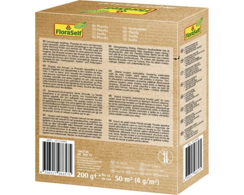 Balení zeleného hnojiva FloraSelf Phacelia s informacemi o použití a složení