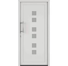 Bílé vchodové dveře s pěti čtvercovými skleněnými výplněmi, madlem a rámem
