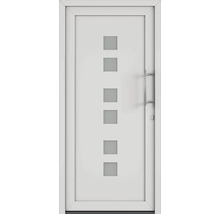 Bílé vchodové dveře s pěti čtvercovými skleněnými výplněmi a madlem