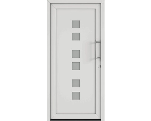 Bílé vchodové dveře s pěti čtvercovými skleněnými výplněmi a madlem