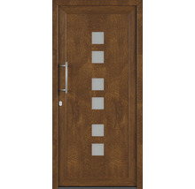 Hnědé vchodové dveře s pěti čtvercovými skleněnými vložkami a klikou