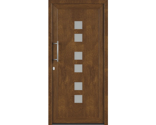 Hnědé vchodové dveře s pěti čtvercovými skleněnými vložkami a klikou