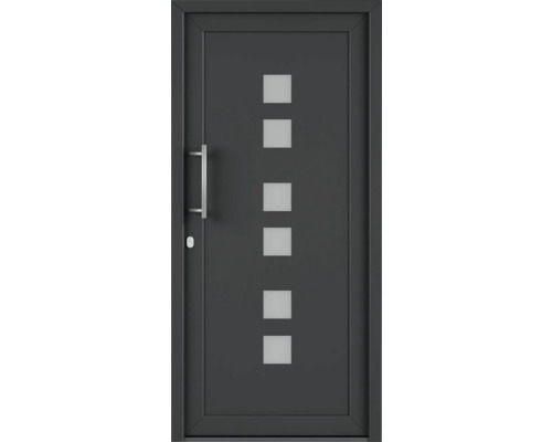 Moderní vchodové dveře s klikou a šesti čtvercovými skleněnými panely