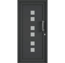 Moderní vchodové dveře s obdélníkovými skleněnými výplněmi a kovovou klikou