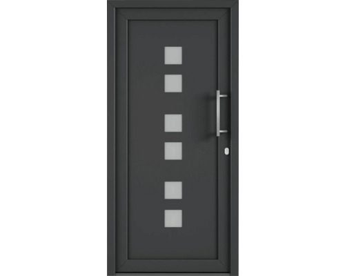 Moderní vchodové dveře s obdélníkovými skleněnými výplněmi a kovovou klikou