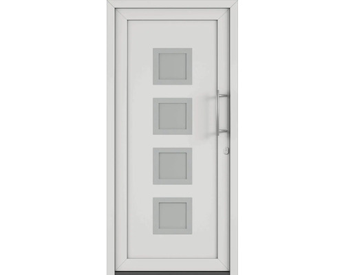 Vchodové dveře se čtyřmi čtvercovými skleněnými panely a madlem