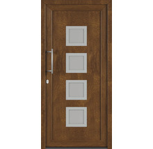 Dřevěné dveře se čtyřmi čtvercovými skleněnými výplněmi, klikou a zámkem