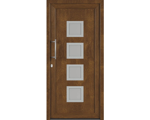 Dřevěné dveře se čtyřmi čtvercovými skleněnými výplněmi, klikou a zámkem